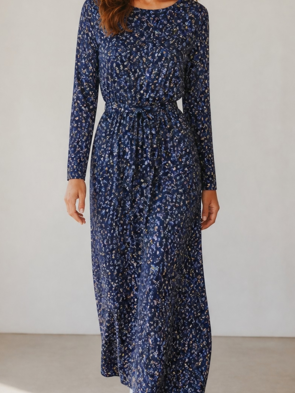 Women’s Navy Floral Long-Sleeve Maxi Dress Farmhouse Peasant Praire Casual